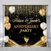 Aperturee - Aperturee Black Gold Balloons Custom Name Anniversary Backdrop